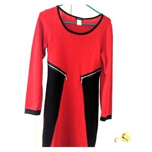 Red and black sweater dress with zipper detail